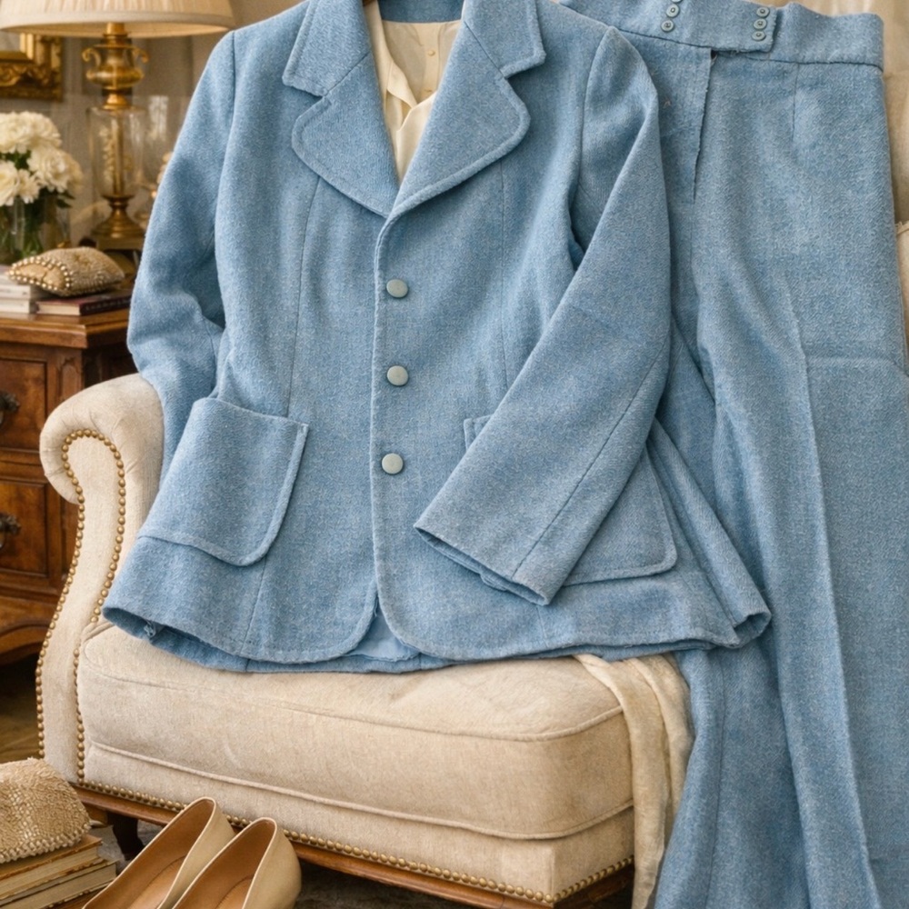 1950s Vintage French Blue Wool Pantsuit Handmade Tailored Set